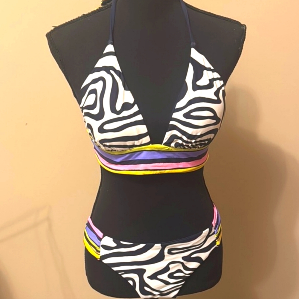 Trina Turk Black & White Zebra Striped Bikini Set, Halter Top   Removable Pads